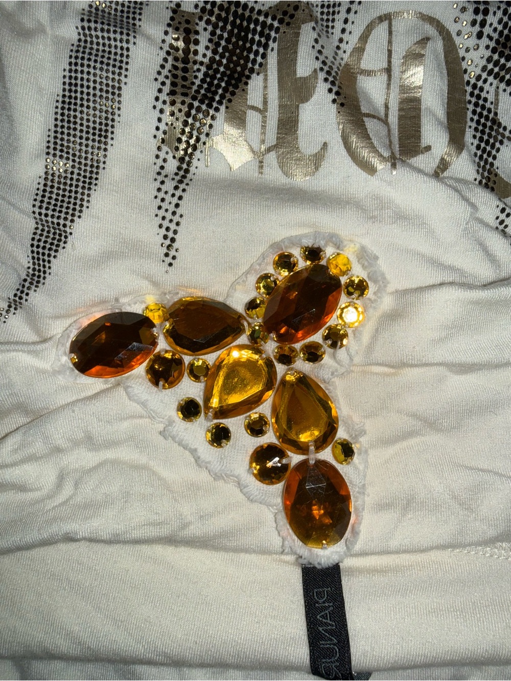 White Off Shoulder Graphic Tee W/ Gold & Rhinestone Details, Made in Italy - Picture 4 of 8